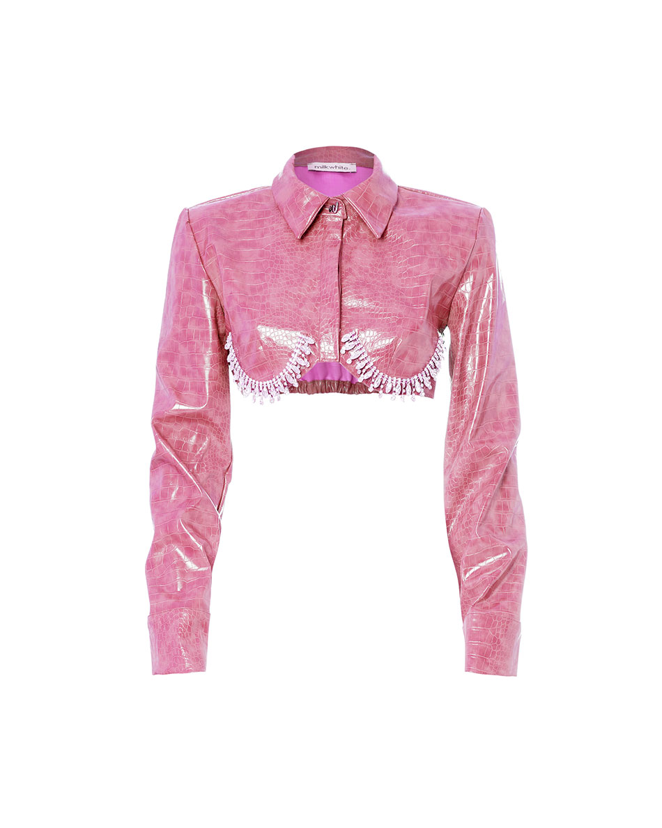 Milkwhite Cropped Croco Shirt With Crystals