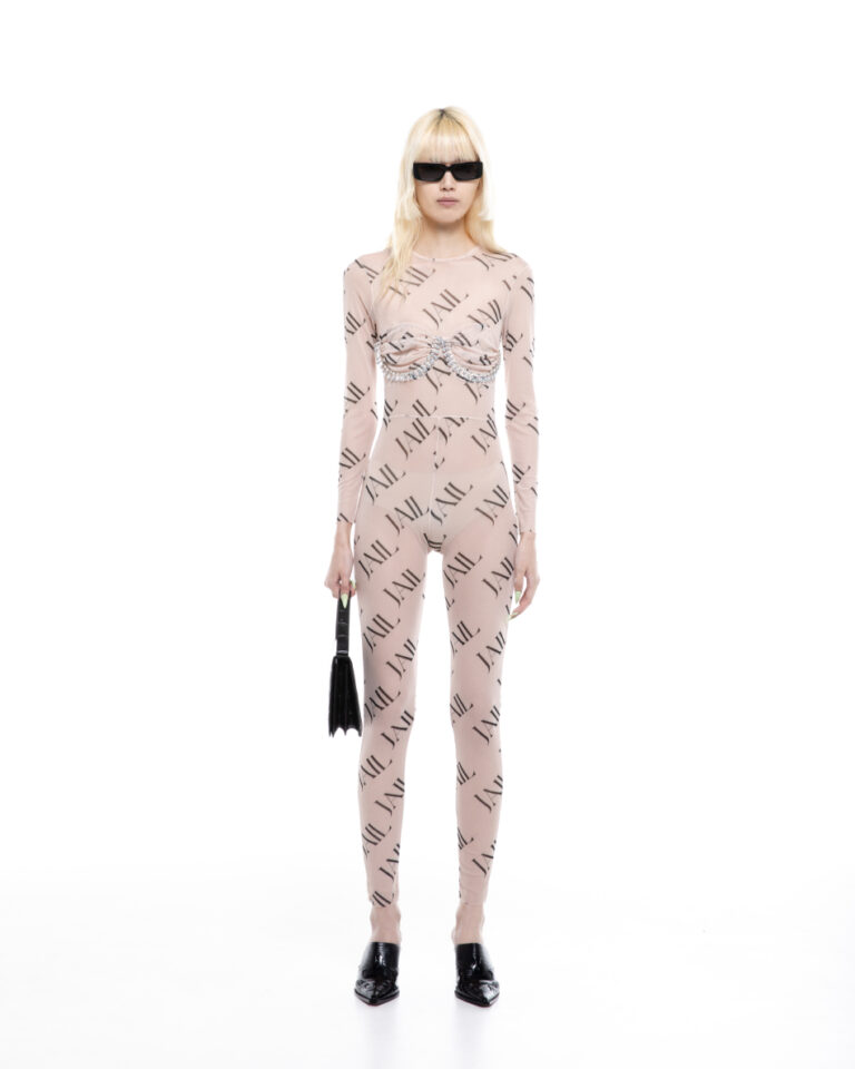 Milkwhite Printed Mesh Jumpsuit With Crystals