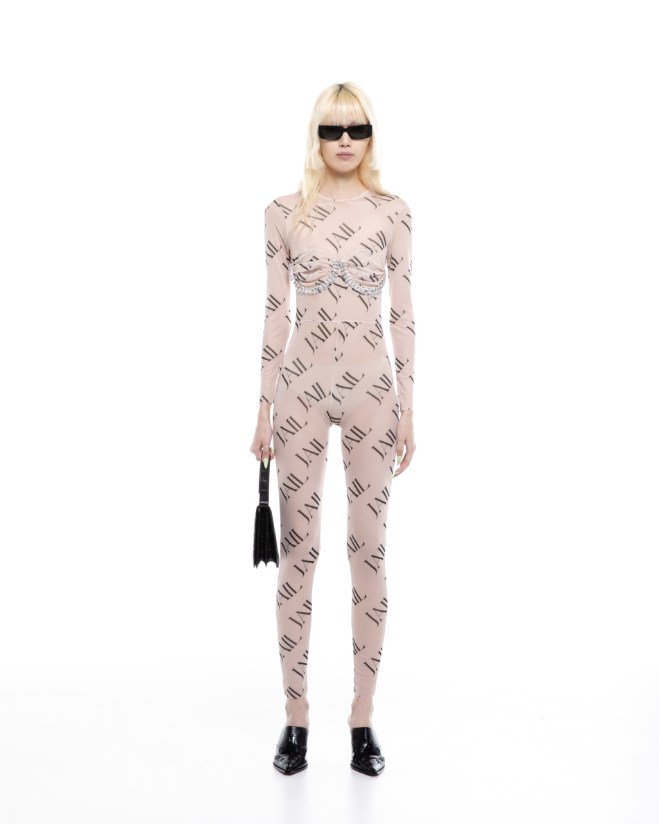 Milkwhite Printed Mesh Jumpsuit With Crystals Nude