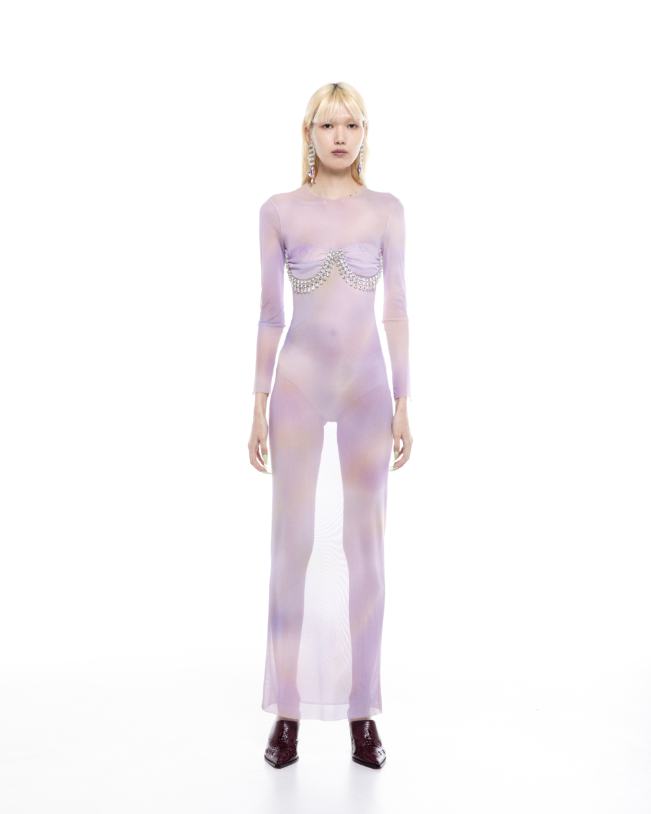 Milkwhite Printed Mesh Dress With Crystals Purple