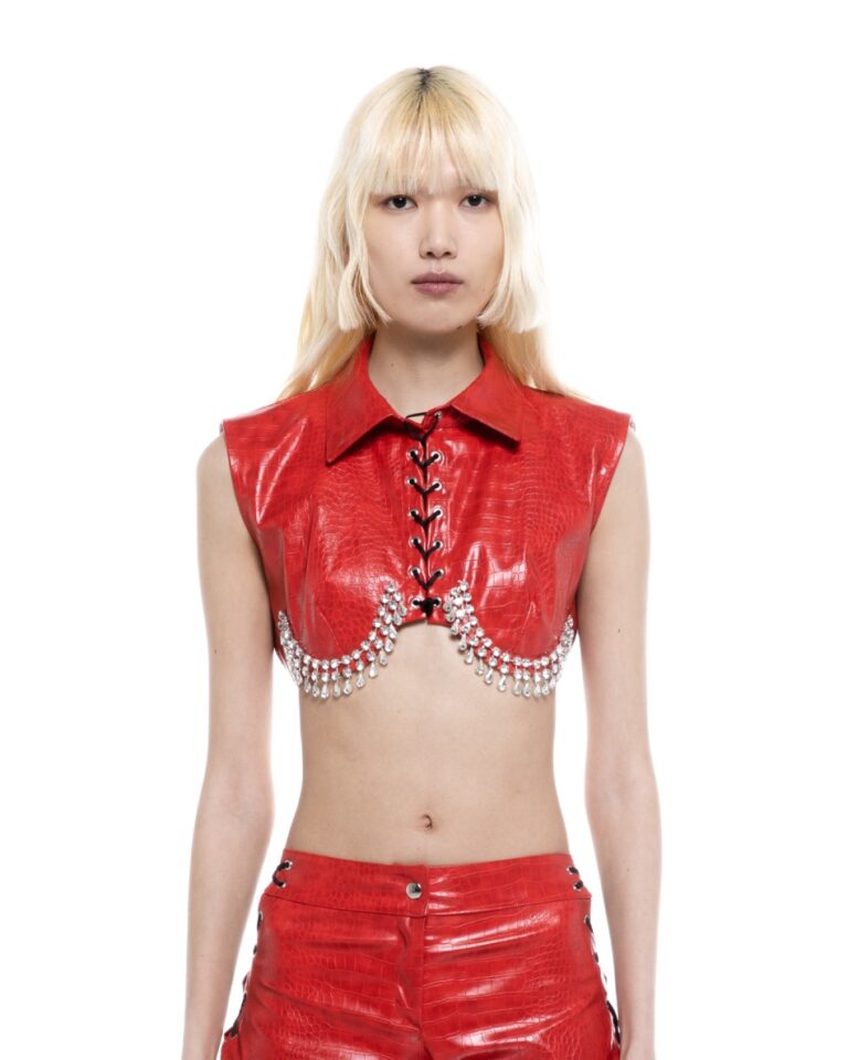 Milkwhite Croco Leather Top With Crystals Red