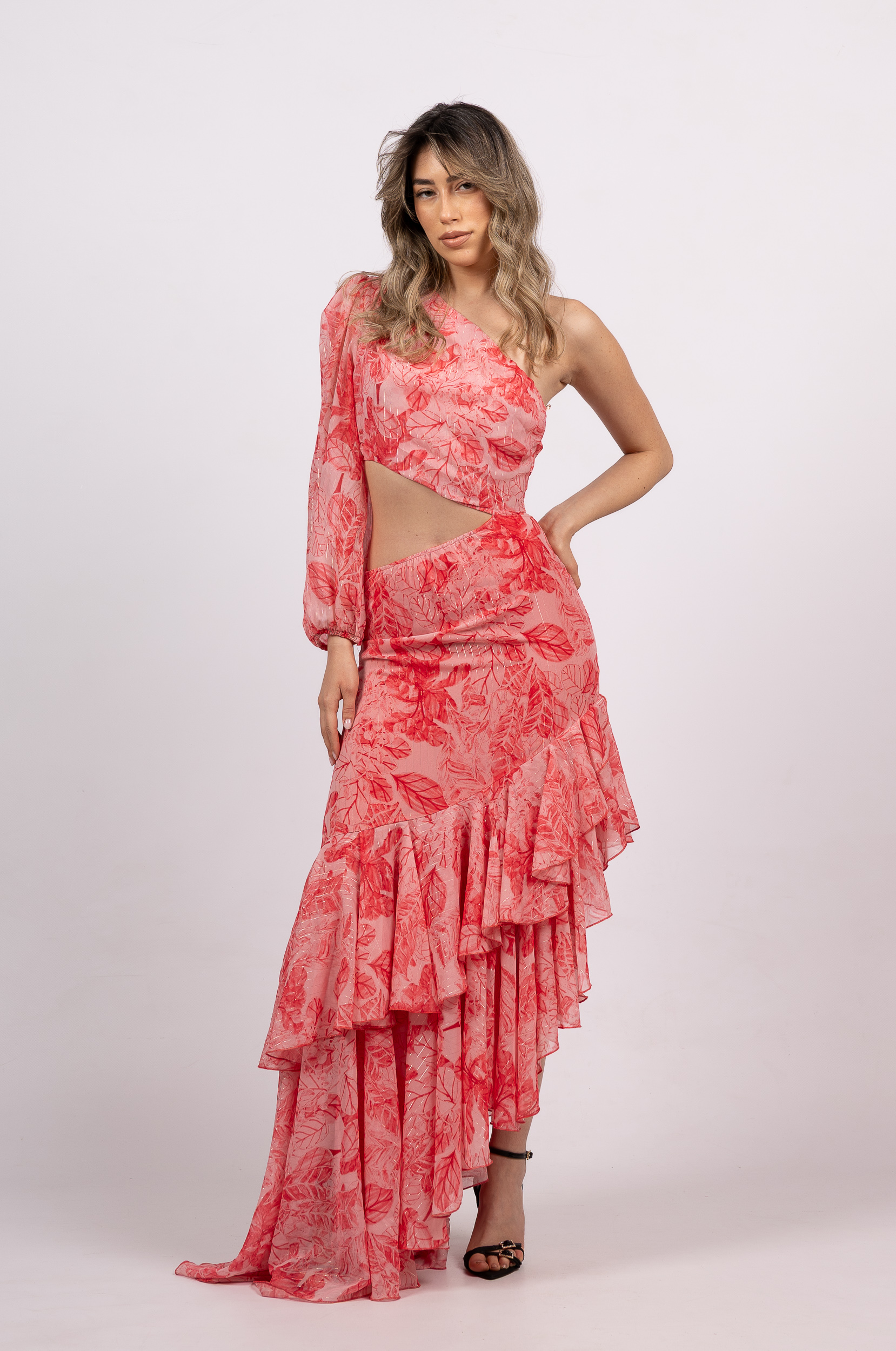 Pink Pearl One-Sleeve Ruffle Maxi Dress