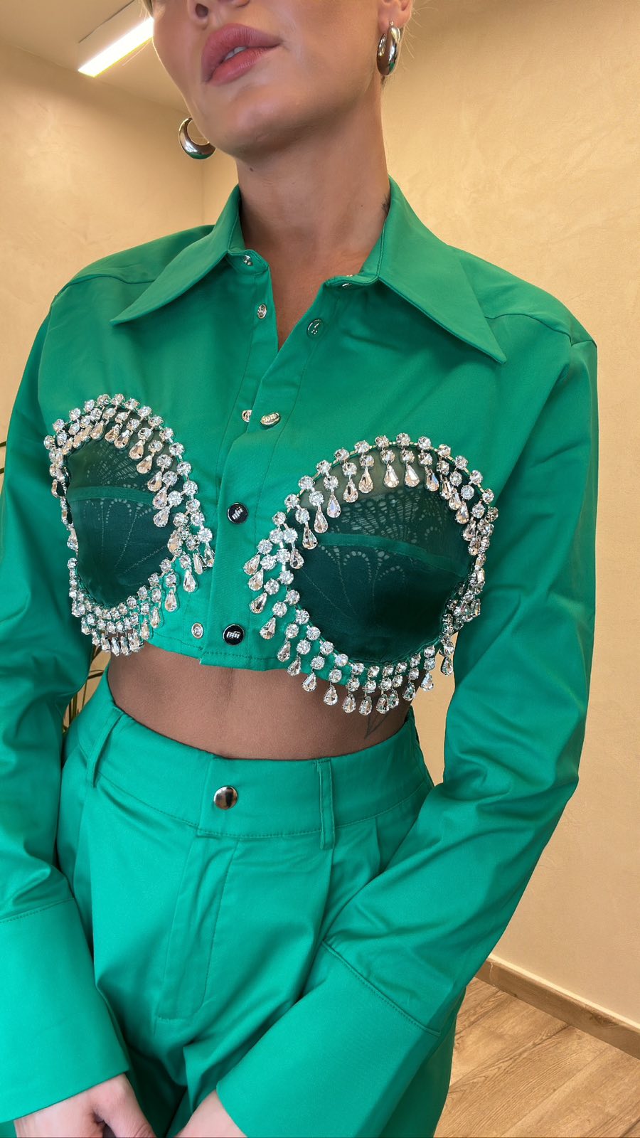 Milkwhite Cropped Shirt With Crystals Green