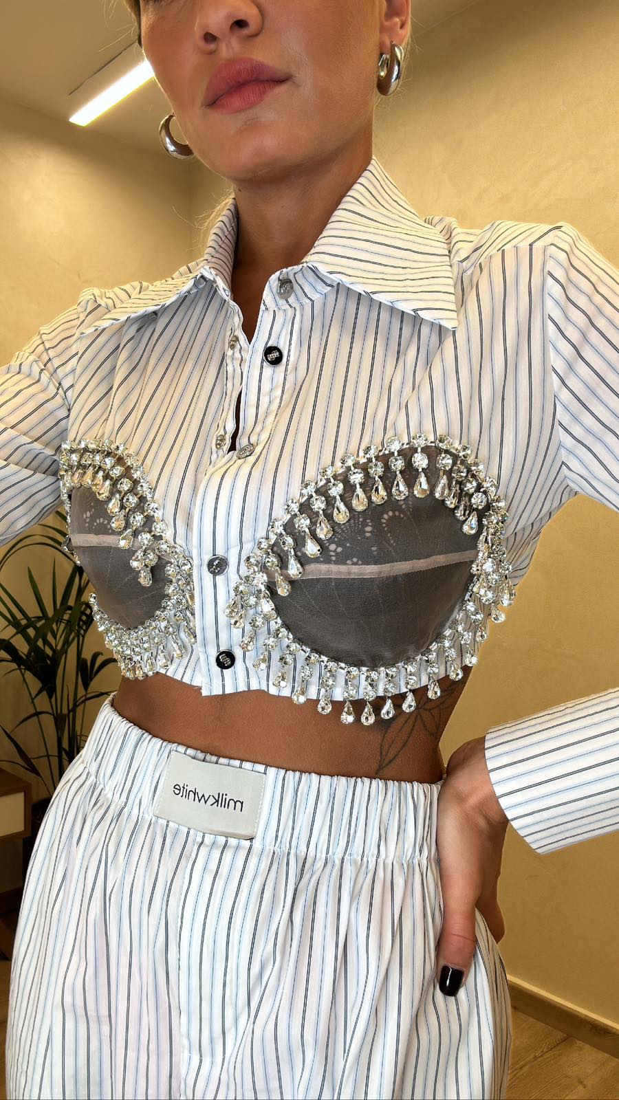 Milkwhite Cropped Shirt With Crystals White Striped