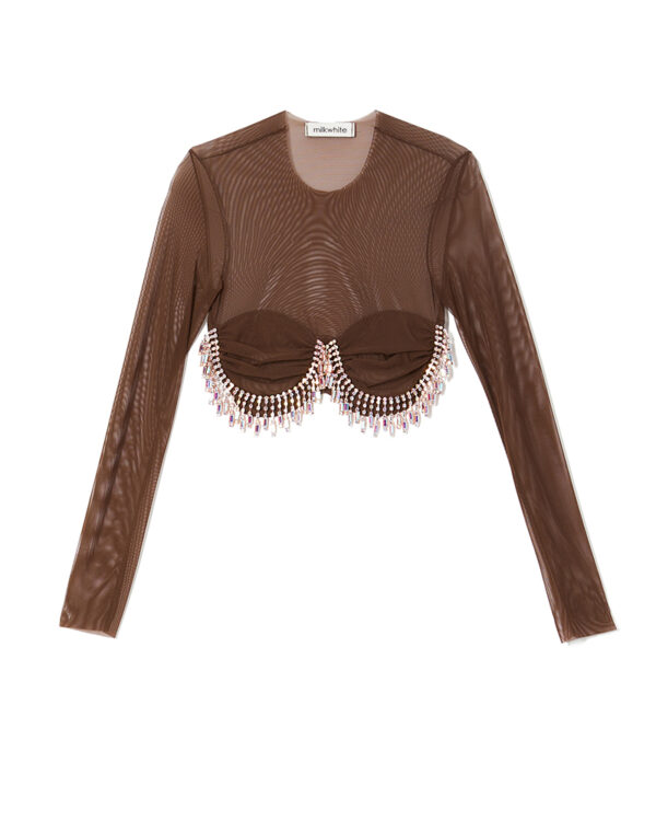 Milkwhite Mesh Top With Crystals brown rust