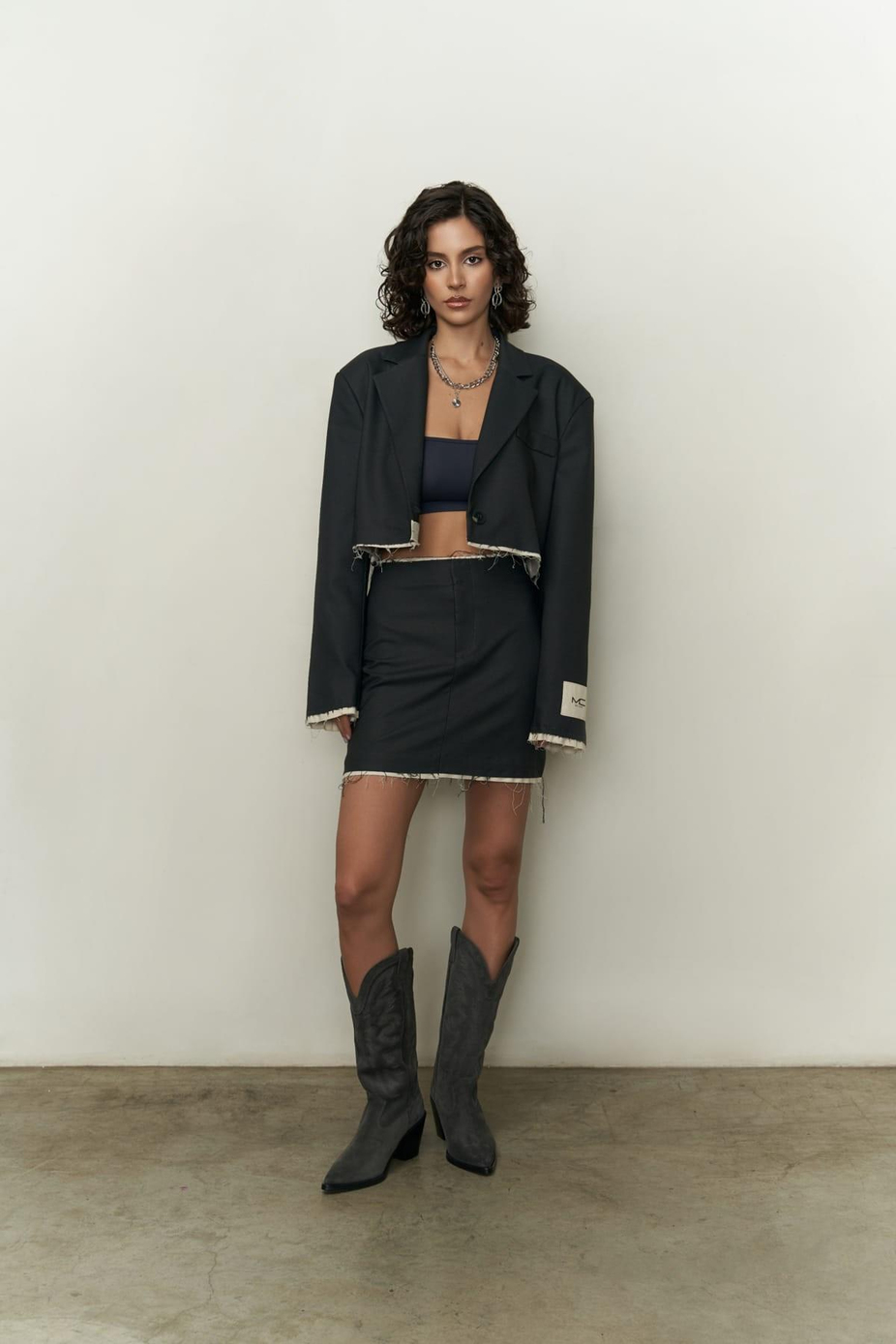 Connel Black Cropped Blazer-Skirt Set