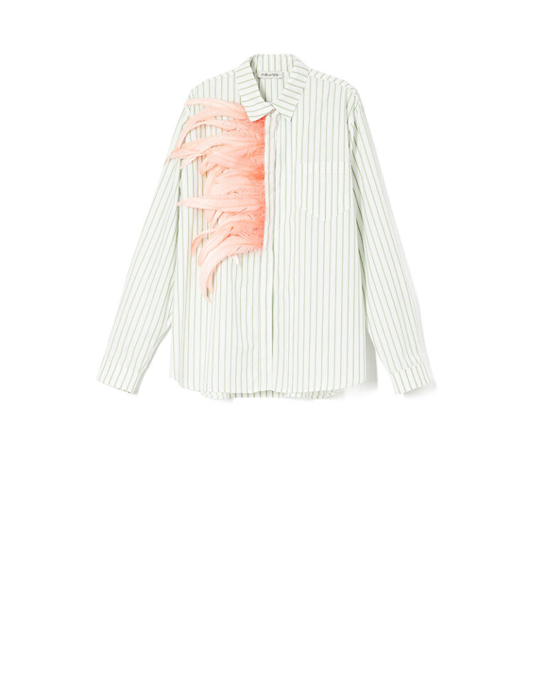 Milkwhite Oversized Striped Shirt With Feathers