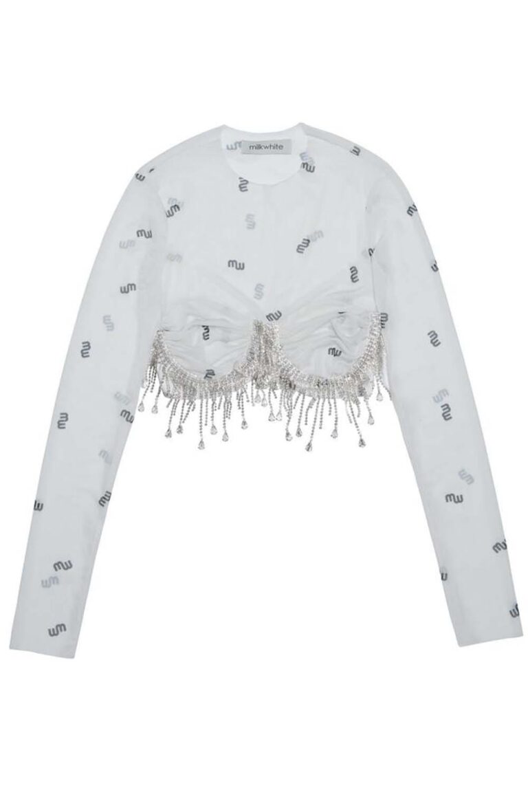 Milkwhite Logo Mesh Top With Crystals
