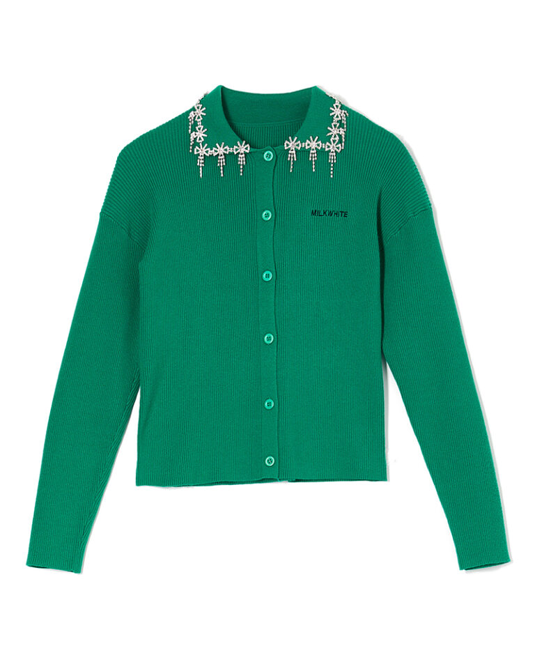 Milkwhite Polo Knit Cardigan With Crystals Green