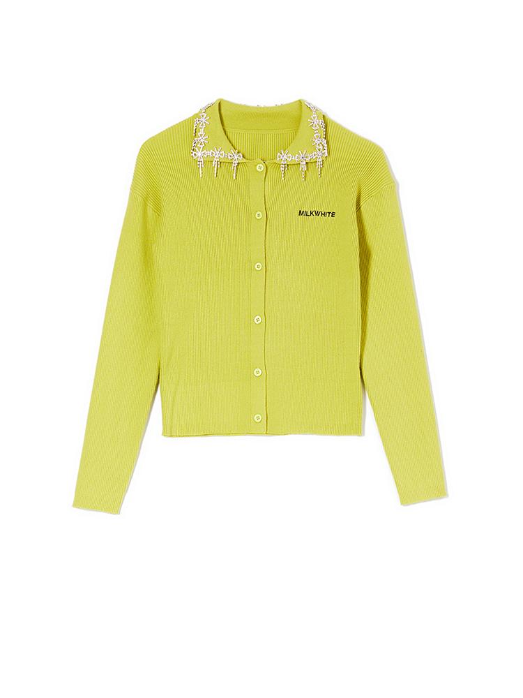 Milkwhite Polo Knit Cardigan With Crystals Lime