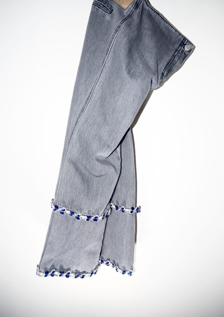 Milkwhite Denim Pants With Blue Crystals