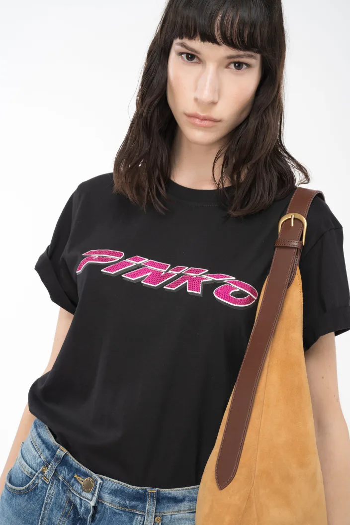 Pinko T-Shirt With Rhinestoned Logo Print