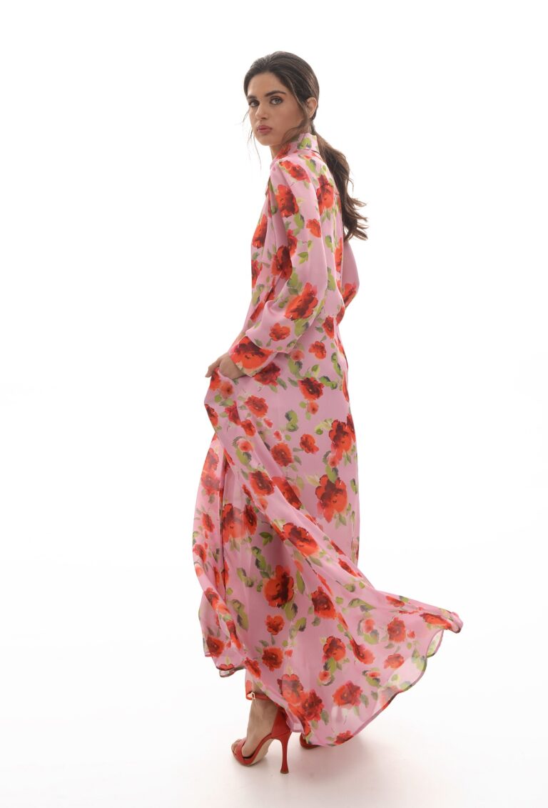 Mamoush Ilektra Long Dress With Two-Tone Belt With Rose Print