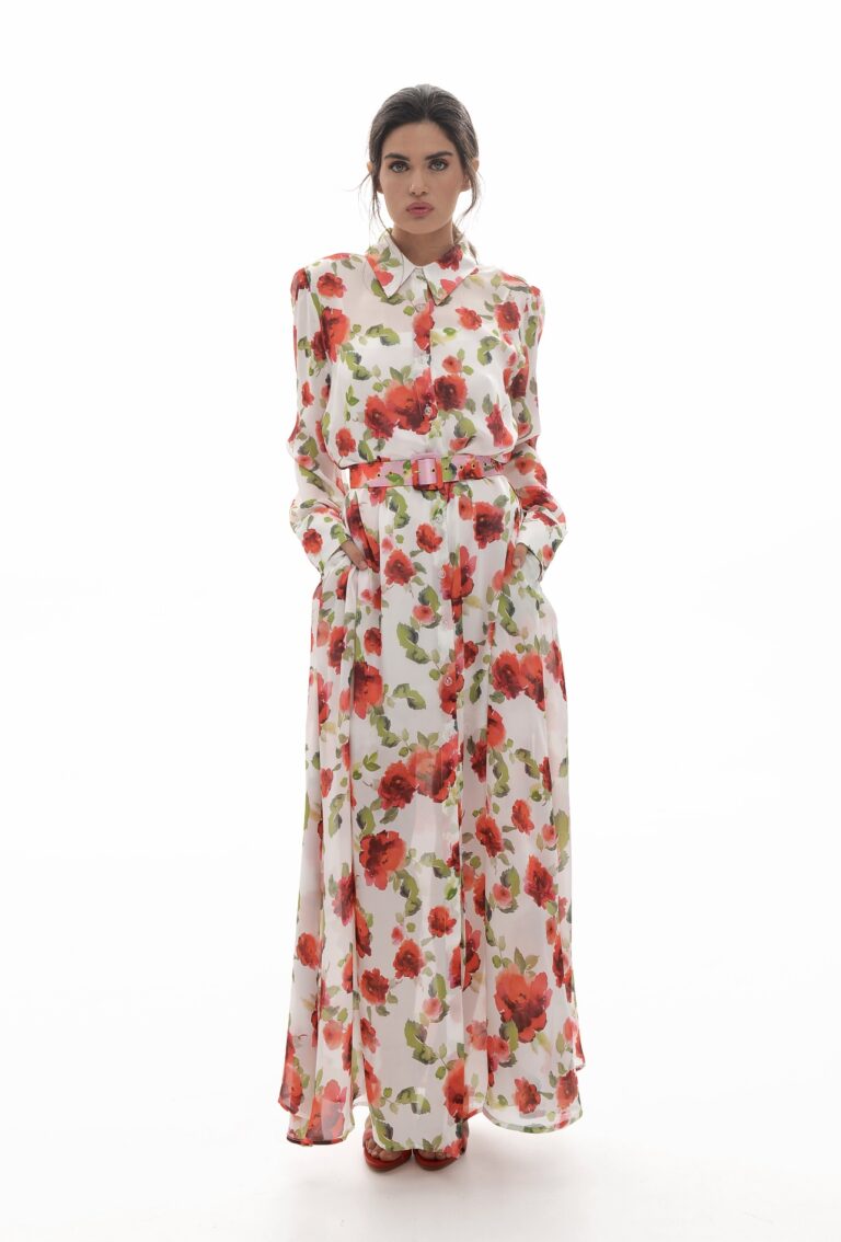 Mamoush Ilektra Long Dress With Two-Tone Belt With Rose Print