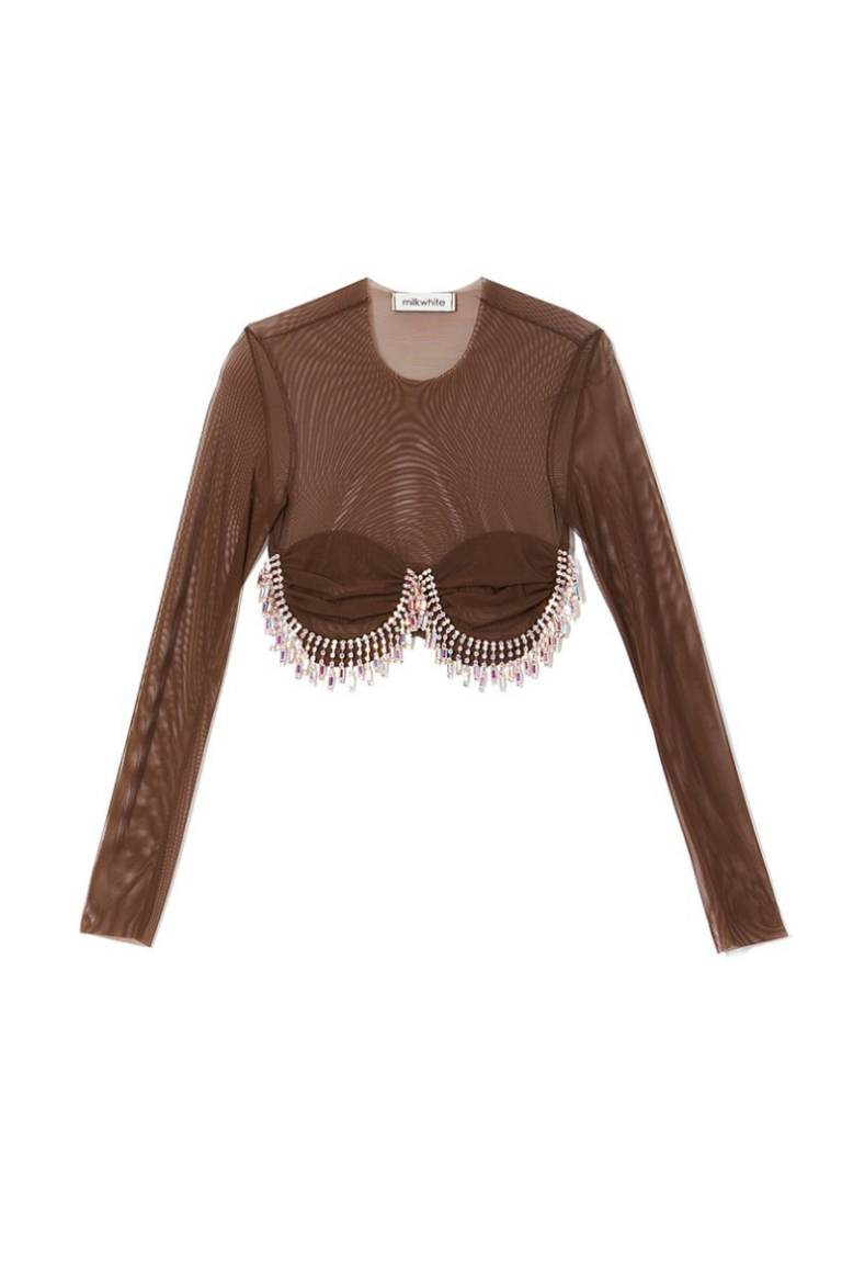 Milkwhite Mesh Top With Crystals Brown