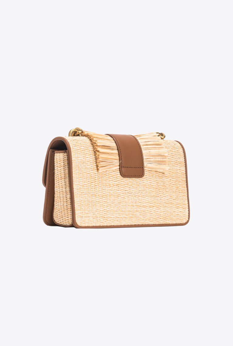 Pinko Mini Love Bag Light In Raffia And Leather With Fringing