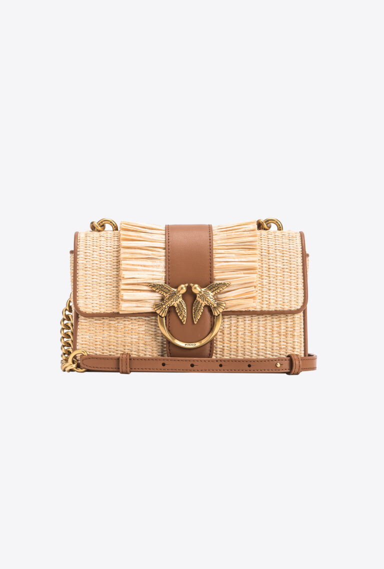 Pinko Mini Love Bag Light In Raffia And Leather With Fringing