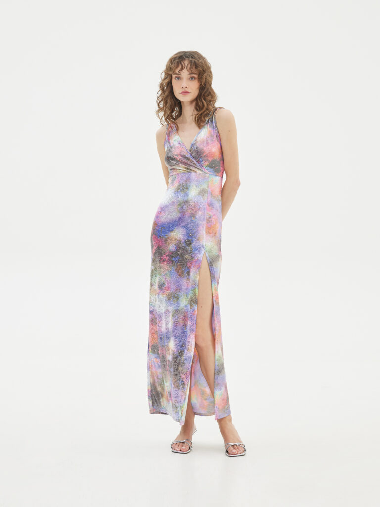 Love + Alicia Azur Printed Jersey Foil Dress