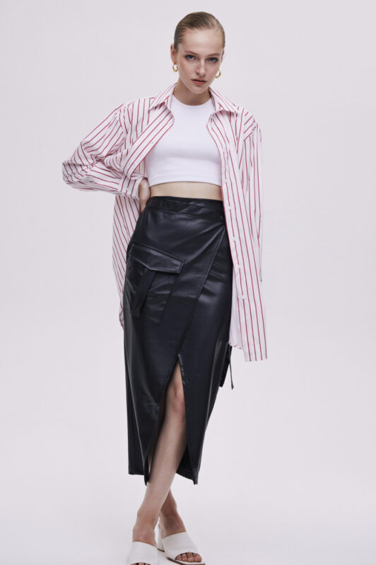 Matilda Wrap Leather Midi Skirt