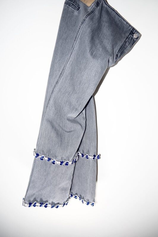 Milkwhite Denim Pants With Blue Crystals