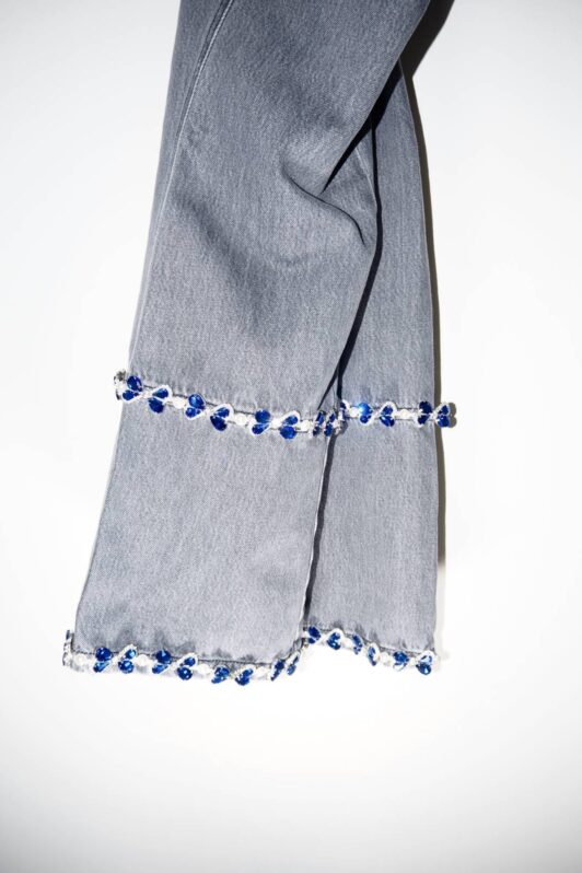 Milkwhite Denim Pants With Blue Crystals