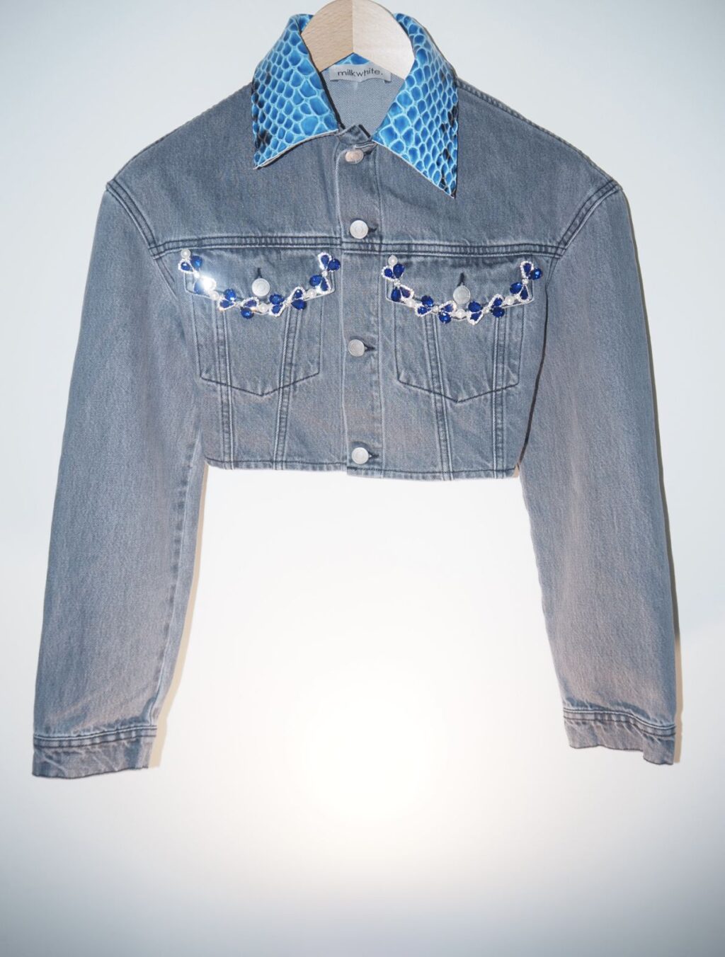 Milkwhite Denim Short Jacket With Blue Crystals