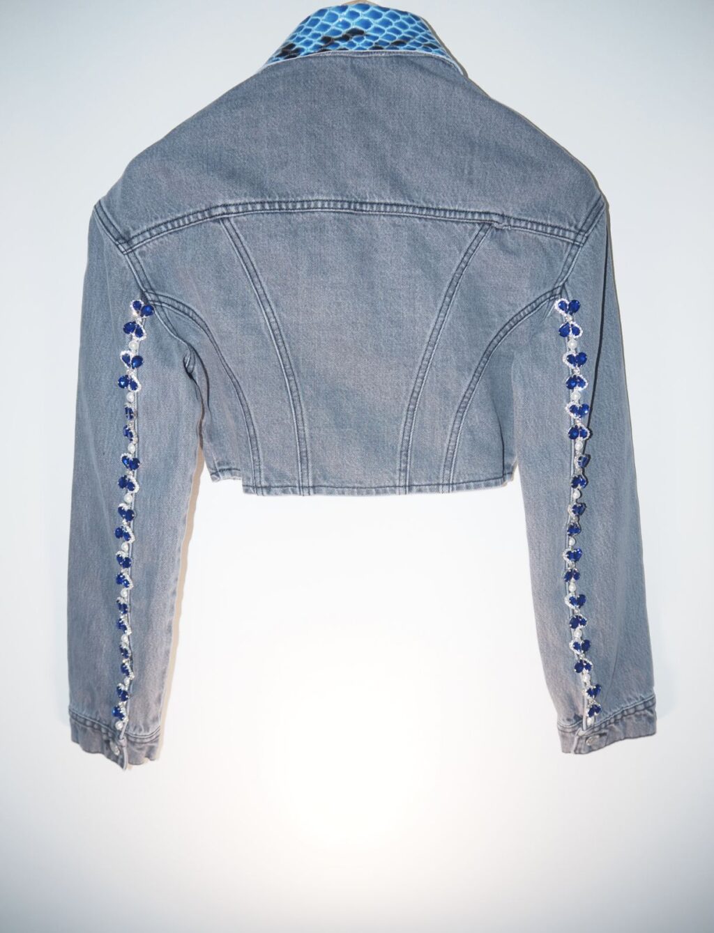 Milkwhite Denim Short Jacket With Blue Crystals