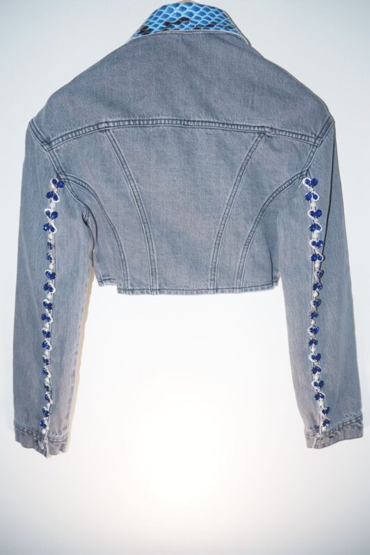 Milkwhite Denim Short Jacket With Blue Crystals