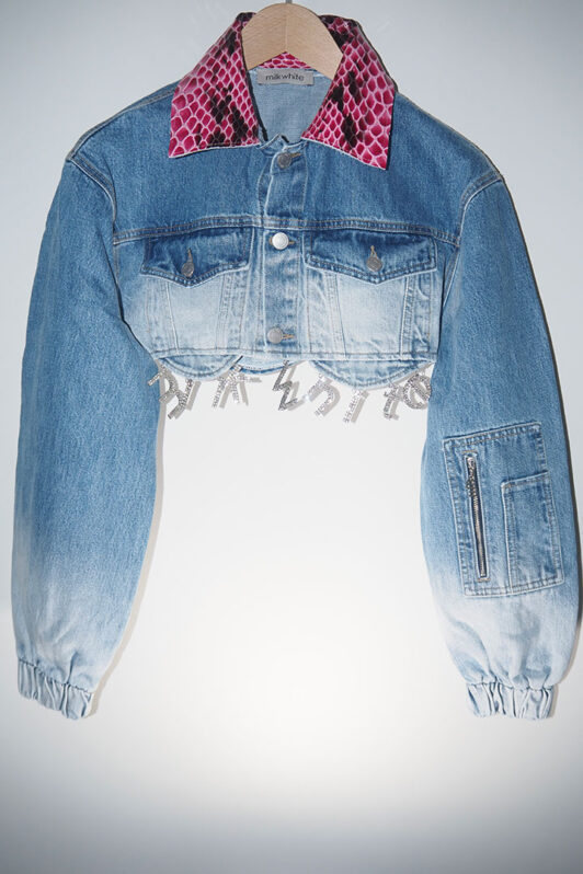 Milkwhite Denim Short Jacket With Crystals