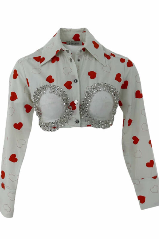 Milkwhite Shirt With Crystals Hearts