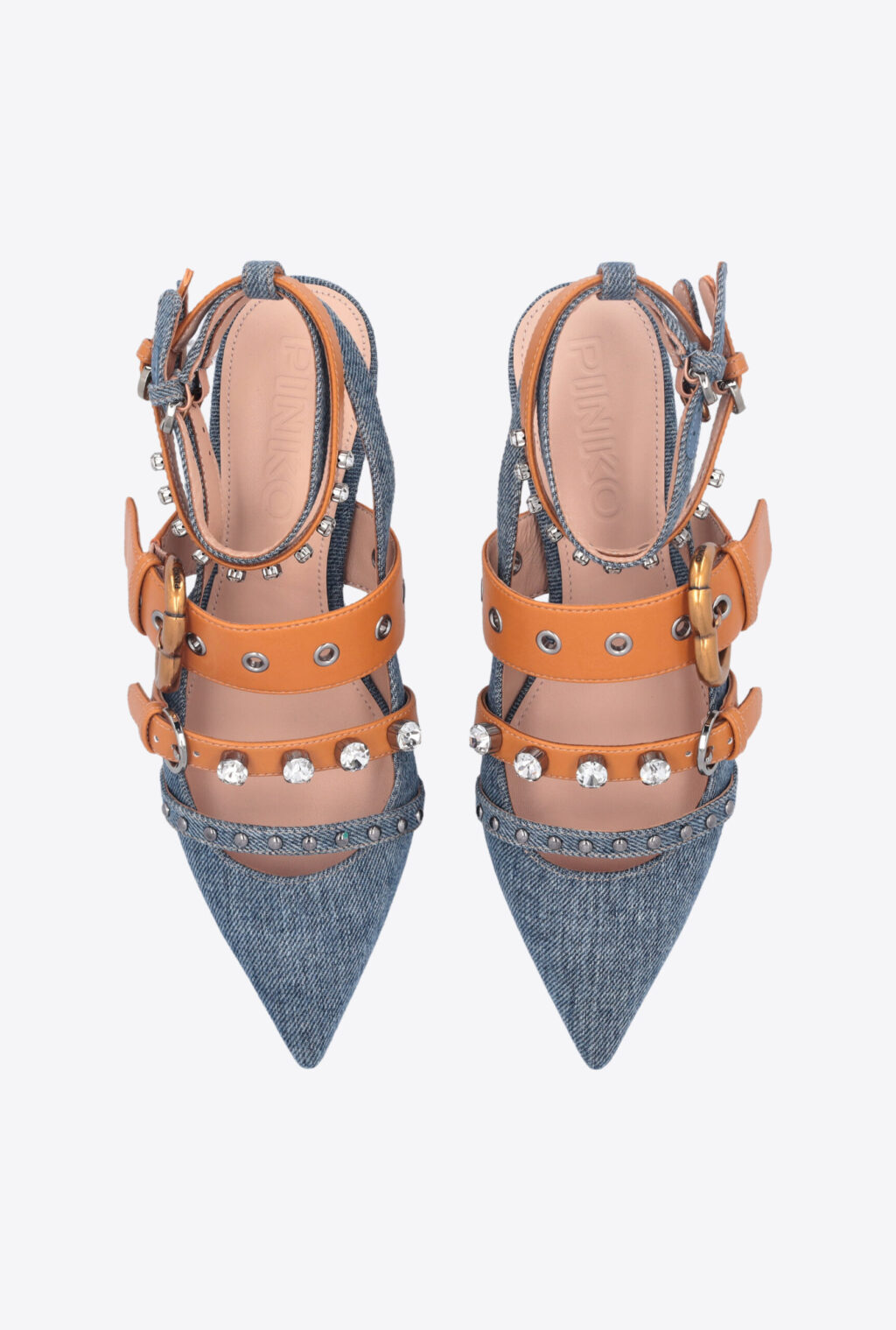 Pinko Denim Pointed Toe Slingbacks With Rhinestones