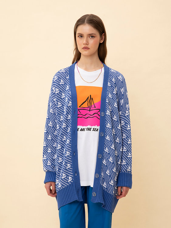 We Are Jacquard Knit Cardigan Blue