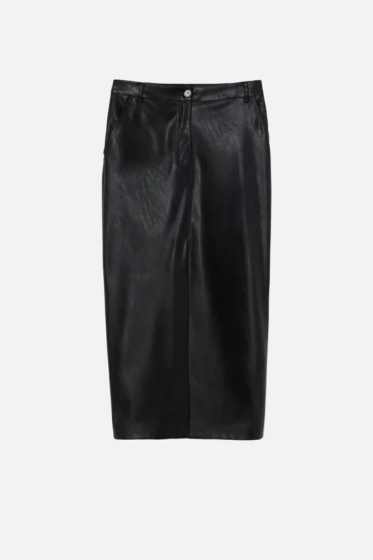 Leather-effect midi skirt with slit