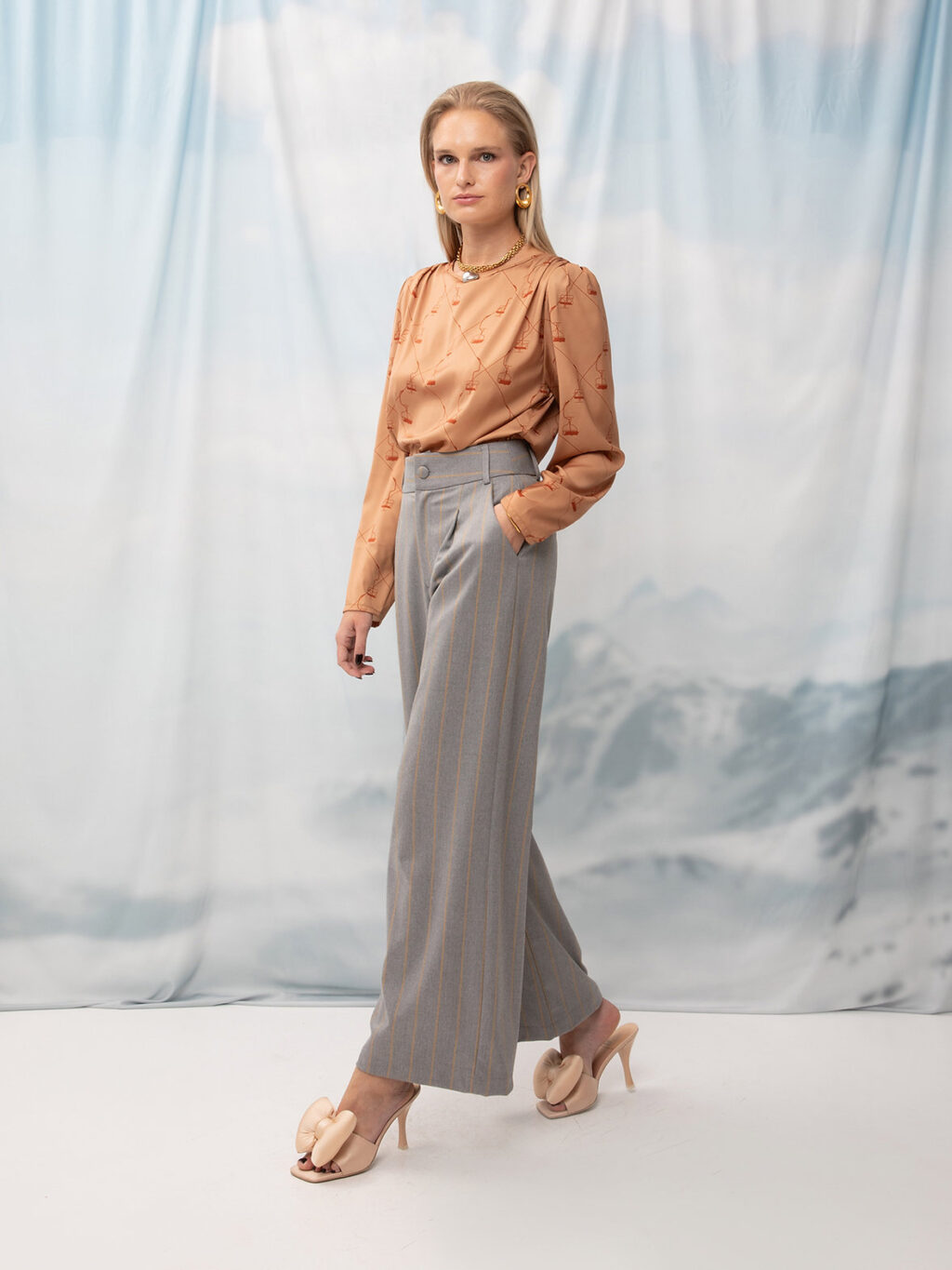 Wide-Leg Pants Gray Stripes