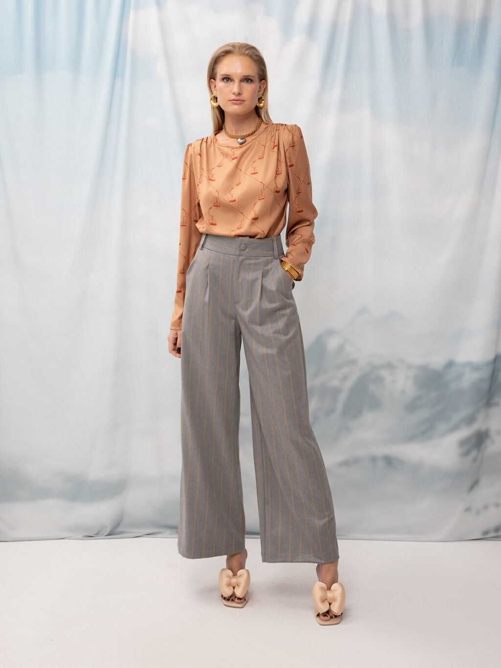 Wide-Leg Pants Gray Stripes